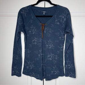 Chaps Women’s Blue Floral Long Sleeve Lace-Up V-Neck Top Size Small